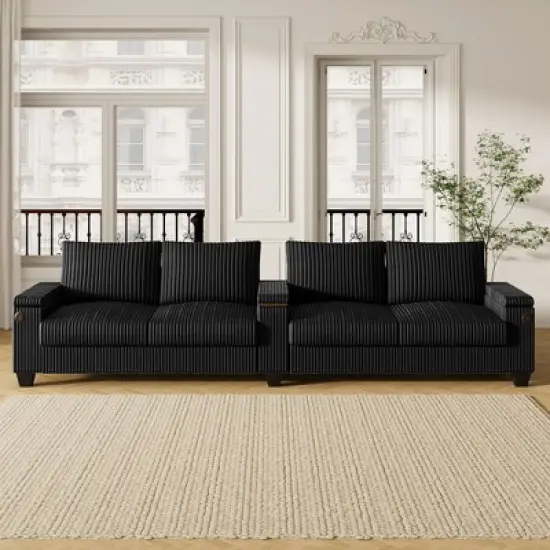 4-seater Corduroy Sofa Couch 133" Modern Sofa with USB Ports, Hidden Storage Arms, Flip-Top Cup Holders for Living Room, Black image {6}