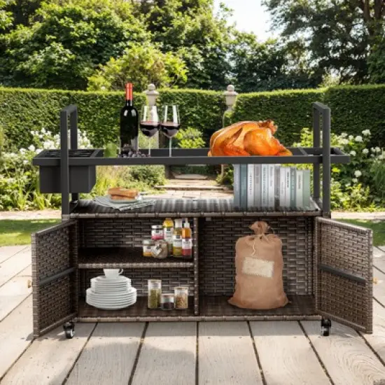 Buenhomino Patio Bar Table,Outdoor Kitchen Island with Glass Top,Rattan Patio Storage Cabinet with Wheels,Bar Cart for Poolside and Backyard image {1}