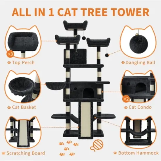 68.5" Multi-Level Cat Tree for Indoor, Heavy Duty Adult Cat Tower with 2 Condos, Plush Perches, Sisal Scratching Posts,Hammocks,Basket,Dangling Balls image {3}