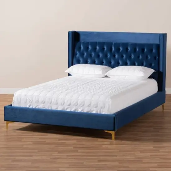 Valery Velvet Platform Bed with Gold - Finished Legs - Baxton Studio image {6}