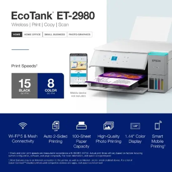 Epson EcoTank ET-2980 Wireless All-in-One Color Supertank Printer - White: Automatic 2-Sided Printing, Borderless Photos, Print From Mobile Device image {4}