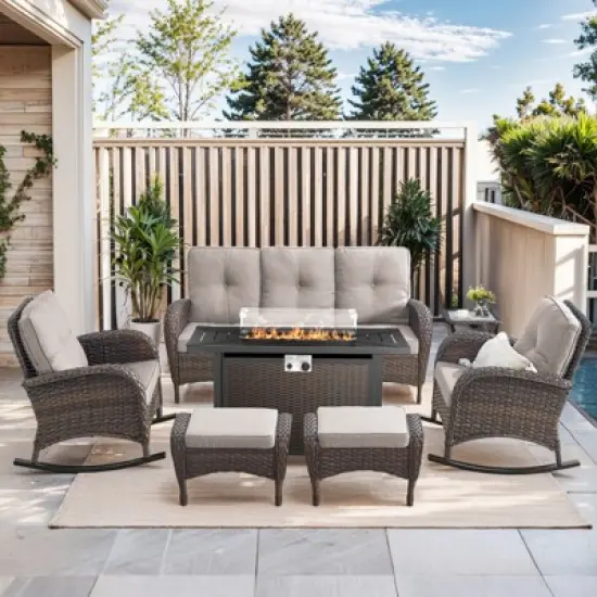 Buenhomino Patio Furniture Set,7 Piece Patio Furniture Set with Fire Pit Table,PE Wicker Patio Conversation Set with Rocking Chairs image {11}