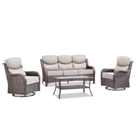 Gymojoy Outdoor 4 Piece Patio Sofa Coffee Table with Swivel Chairs Furniture Set for Deck Porch Backyard image {2}
