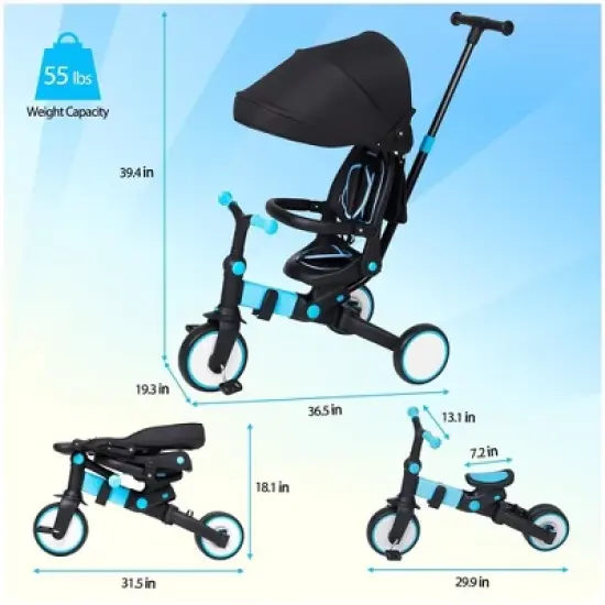 7 in 1 Baby Tricycle, Foldable Toddler Tricycle with Removable and Adjustable Parent Handle image {4}