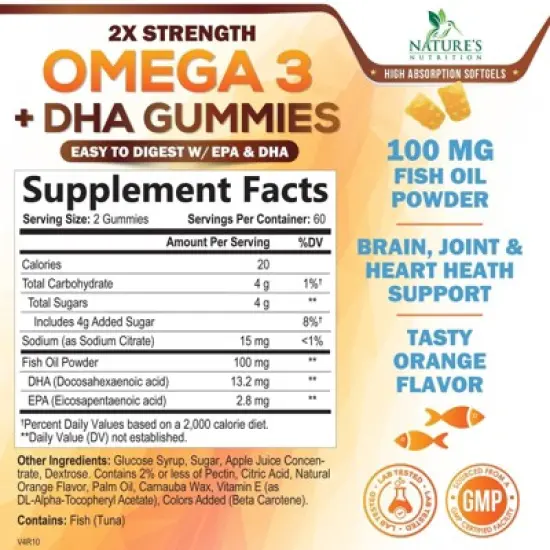 Omega 3 Fish Oil Gummies, Heart Healthy Omega 3 Gummy Supplement - DHA & EPA, Extra Strength Joint & Brain Support, 120 Gummies By Nature's Nutrition image {1}