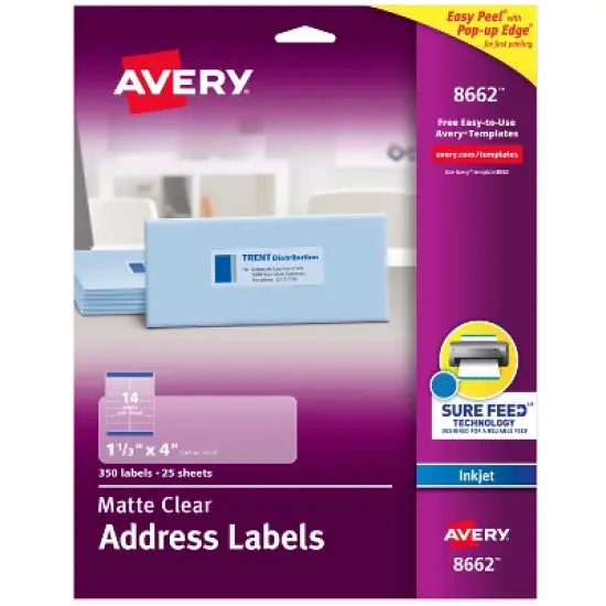 Avery Matte Clear Address Labels, Sure Feed Technology, Inkjet, 1-1/3" x 4", 350 Labels (8662) image {8}
