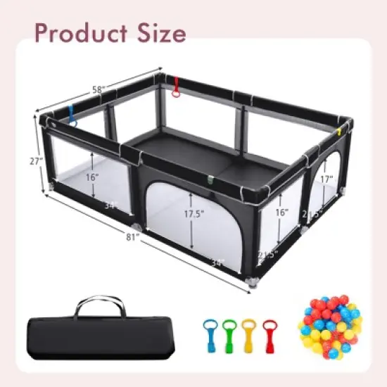 Infans Baby Playpen Extra-Large Safety Baby Fence w/ Ocean Balls & Rings Black image {6}