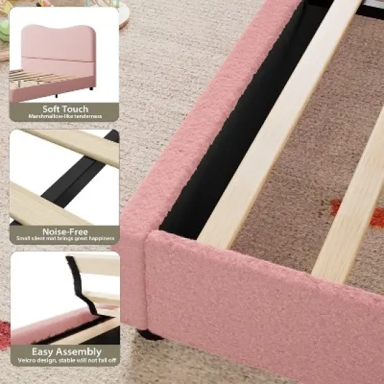 Kids Bed Frame with Cloud Boucle Upholstered Headboard, Low Profile Platform, Sturdy Wooden Slats, Noise Free, No Box Spring Needed image {8}