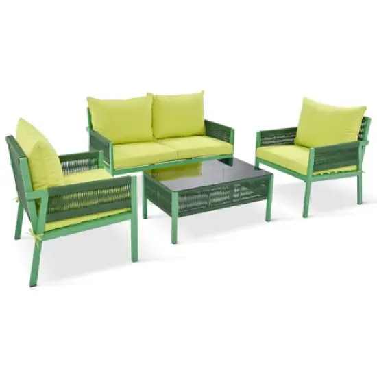 FIONECA 4-Piece Rope Patio Furniture Set with Tempered Glass Table, Outdoor Conversation Set with Thick Cushions, Fluorescent Yellow & Green image {10}