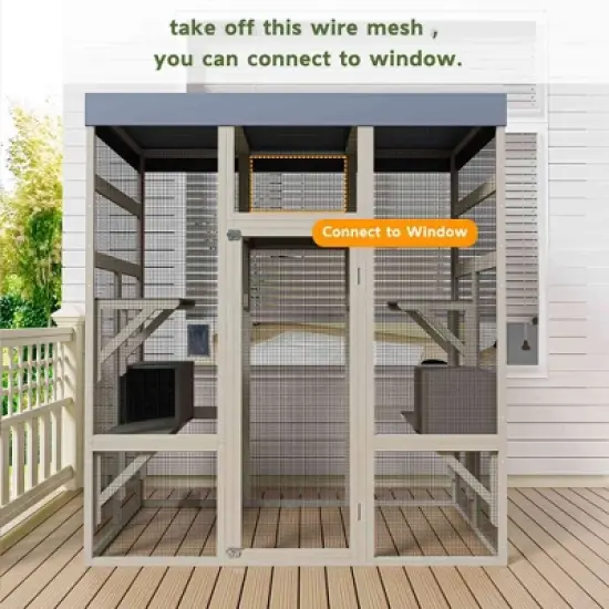 Angel Sar 70 Inch Outdoor Cat Enclosure with Waterproof Roof, Large Catio with 2 Houses & 7 Platforms, Rust-Proof Wire Pet Cage, Light Grey image {3}
