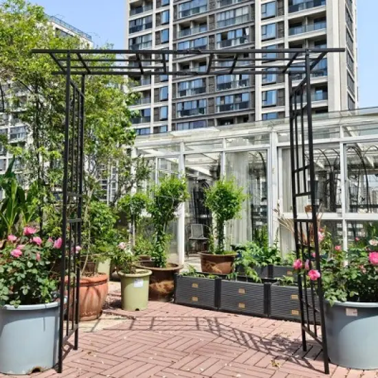 Dolonm Metal Garden Arch with Gate Climbing Plants Support Rose Arch Outdoor Black image {9}