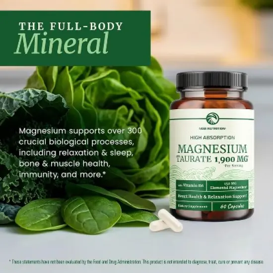 High Absorption Magnesium Taurate Capsules, 1900MG Mag Taurate with Vitamin B6 Supplement for Heart Health & Relaxation Support, Nobi Nutrition, 60ct image {6}