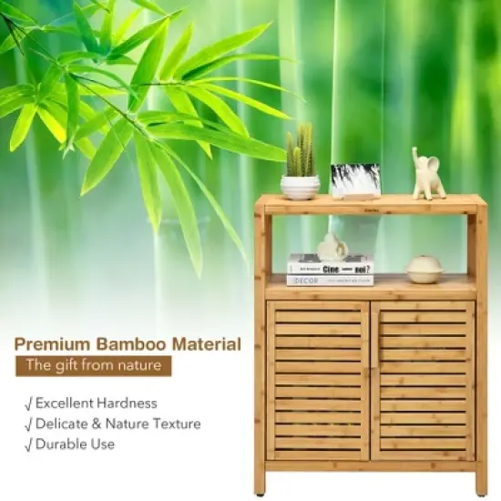 Costway Two-door Bamboo Bathroom Floor Cabinet Storage Organizer w/ Open Shelf image {8}
