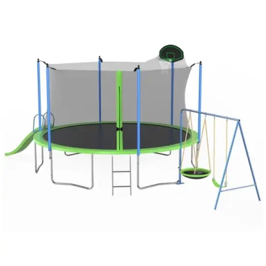 14FT Outdoor Trampoline with Net, Slide and Ladder, 2 Swings and Basketball Hoop image {5}