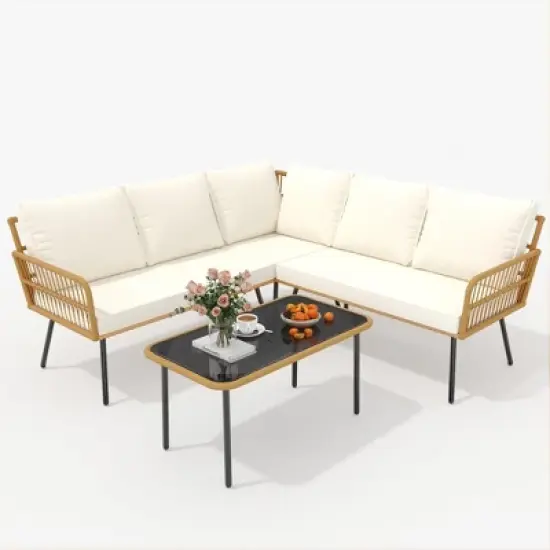 4-Piece Outdoor Wicker L-Shaped Patio Sofa Set with Cushions & Glass Coffee Table, Boho Sectional Set for Backyard, Garden, or Poolside &uml;C Beige image {7}