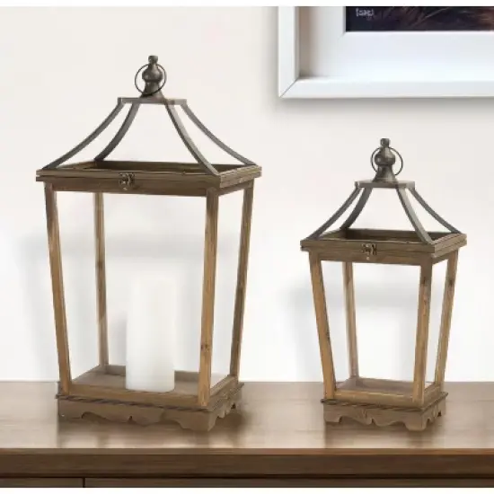 HomeRoots Set of Two Brown Distressed Geometric Wood And Metal Floor Lantern Candle Holders image {1}