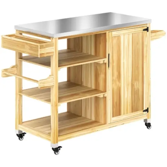 Outsunny Outdoor Grill Cart with Wheels and Storage Cabinet, Solid Wood Outdoor Kitchen Island with Stainless Steel Top, Natural Wood image {3}