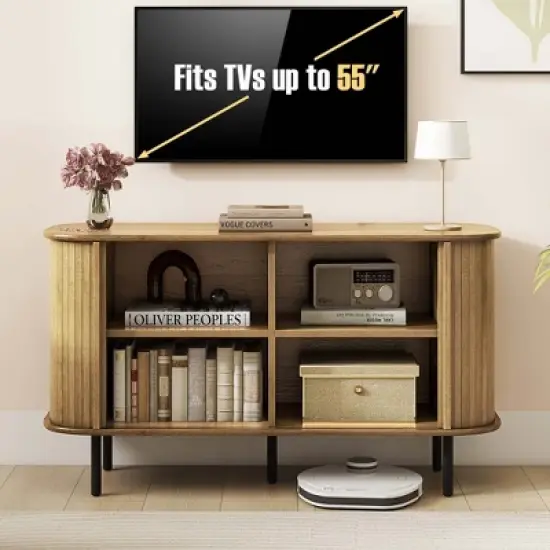 Costway 47" Sideboard Buffet Cabinet with Sliding Tambour Doors Adjustable Shelves Oak image {7}