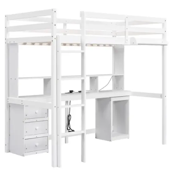 Loft Bed with Multi-Function Storage Table, LED Lights, Bedside Tray and Charging Station, White - ModernLuxe image {5}
