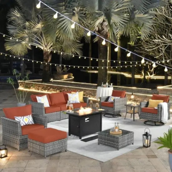 Tenaya 10pc Wicker Outdoor Patio Furniture Set Conversation Sofa with a Metal Fire Pit, Swivel Chairs and Cushions image {21}