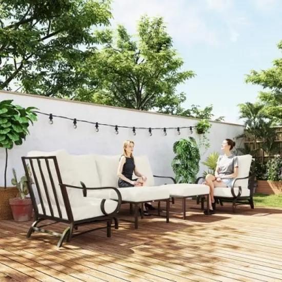 Outsunny 5 Piece Patio Furniture Set with 2 Rocking Chairs, 3-Seat Sofa, and 2 Ottomans for Garden, Lawn, Deck, Backyard, Beige image {2}