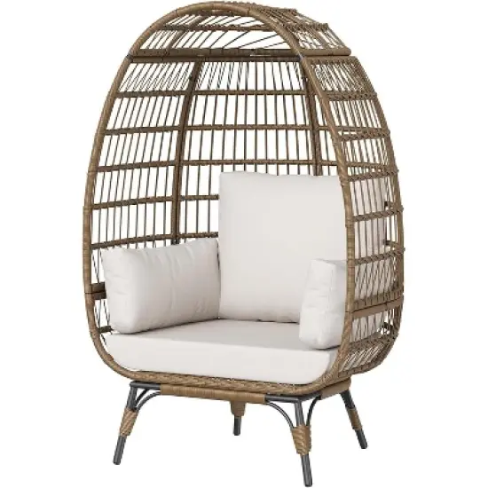 Outdoor Patio Wicker Egg Chair, PE Rattan Chair with Thick Cushion, Oversized Indoor Outdoor Lounger, Egg Shaped Seat with Metal Stand, Beige image {6}