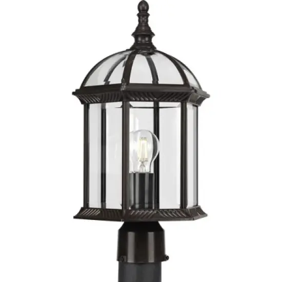 Progress Lighting Dillard 1-Light Outdoor Post Lantern, Antique Bronze, Clear Beveled Glass image {1}