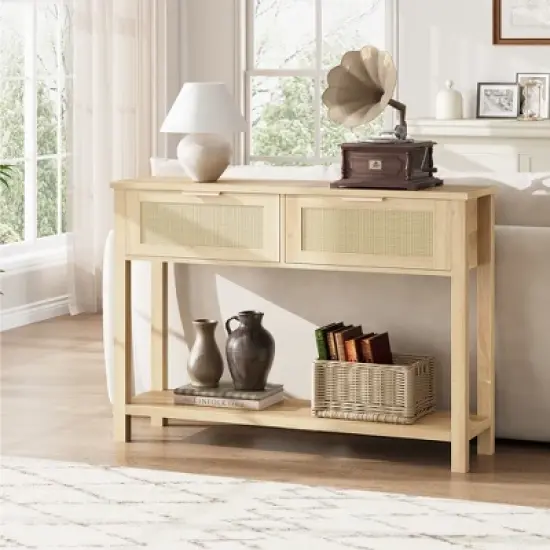 Entryway Table with Drawers, Rattan Console Table with Storage, Boho 2-Tier Sofa Table for Living Room and Hallway image {1}