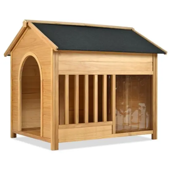 Whisen All-Weather Large Dog House & Dog Kennel with Asphalt Roof, Porch, Waterproof Door Curtain, Dual Openings - Natural image {9}