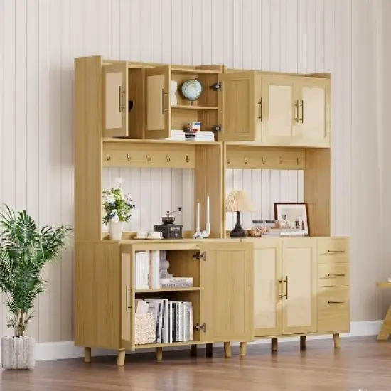 71" Rattan Boho Pantry Cabinet, Freestanding Kitchen Hutch with Microwave Shelf, 3 Drawers & 6 Hooks image {5}