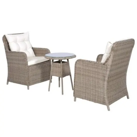 vidaXL Brown Poly Rattan Bistro Set with Cushions and Pillows, 3 Piece Stylish and Durable Outdoor Dining Set with Powder-Coated Steel Frame image {11}