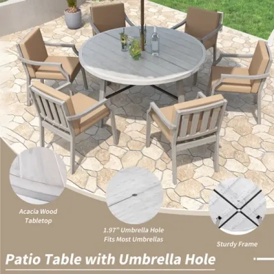FIONECA 6-Person Outdoor Wooden Dining Set with Umbrella Hole & Removable Cushions, Antique Gray Patio Furniture for Backyard & Garden image {2}