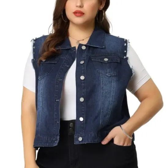 Agnes Orinda Women's Plus Jean Vest Chest Pockets Frayed Hem Single Breasted Denim Vest with Rivets image {6}