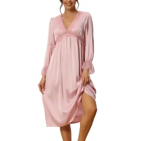cheibear Womens Satin Nightgowns Long Sleeve Lace Trim V-Neck Pajama Dress image {6}