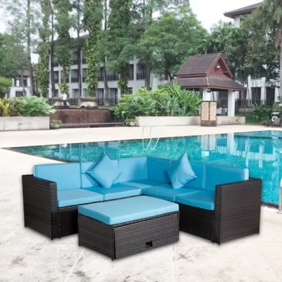 4pc Wicker Patio Sectional Seating Set with Cushions - Brown/Blue - GODEER image {1}