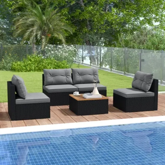 Costway 5 Piece Outdoor Furniture Set with Seat & Back Cushions Acacia Wood Tabletop Blue/Black image {12}