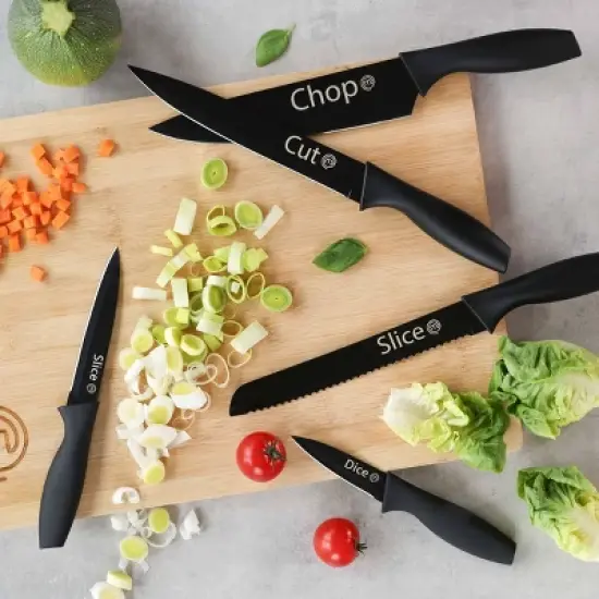 MasterChef 12pc Knife Set with Covers Sharp Nonstick Coated Knives Essential Black Collection: Stainless Steel Blades, Rubber Handles image {2}