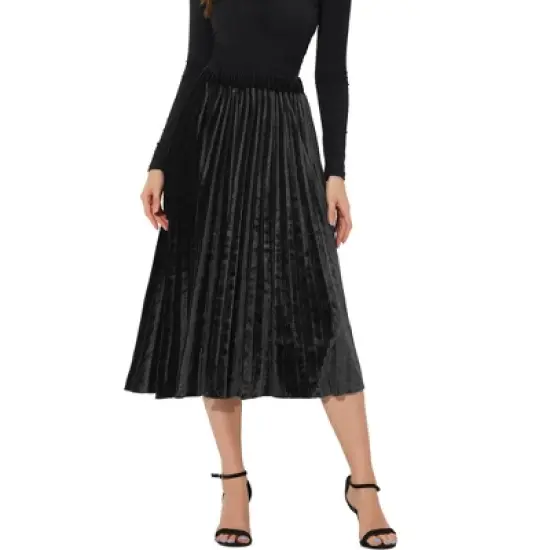 Allegra K Women's High Elastic Waist Velvet Pleated Swing Midi Skirt image {7}
