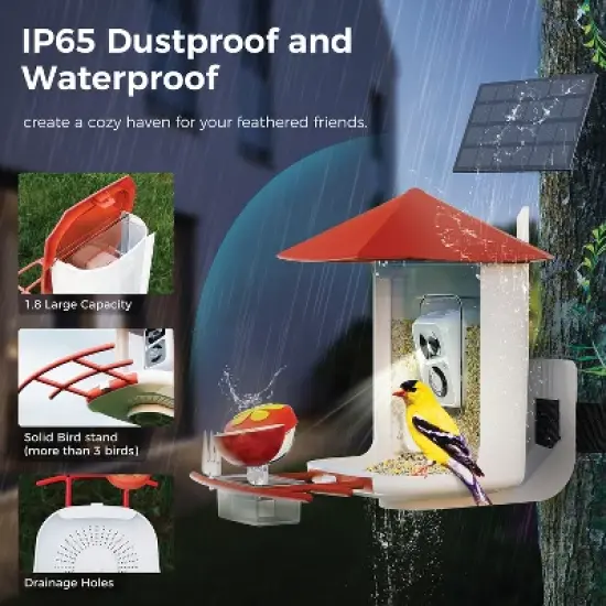 PerchMe&trade; AI-Recognition Smart Bird Feeder with Camera, Solar-Powered (Vermilion Canopy) image {4}