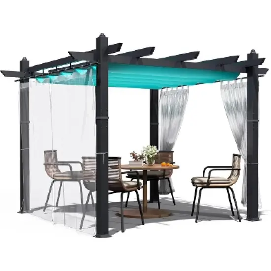 Retractable Outdoor Pergola, Weatherproof Aluminum Frame with Adjustable Blue Canopy & 4 White Curtains, Wood-Look Patio Shelter image {8}