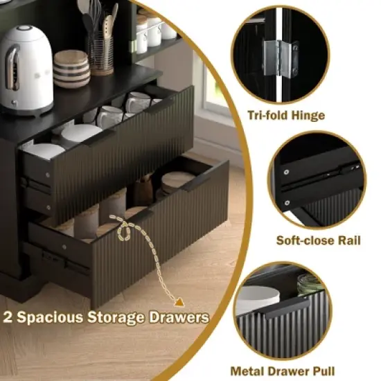 Rbied Modern Fluted Kitchen Pantry Cabinet Sideboard Freestanding Storage Organizer with Adjustable Door Racks and 2 Drawers image {5}