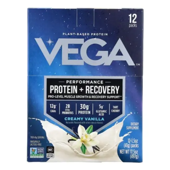 Vega Plant-Based Protein, Performance Protein + Recovery, Creamy Vanilla, 12 Packs, 1.5 oz (41 g) Each image {3}