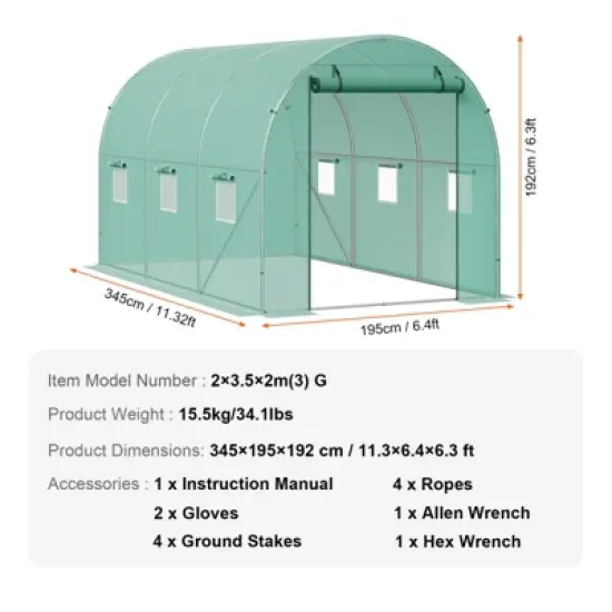 VEVOR Walk-in Tunnel Greenhouse, 11.3x6.4x6.3 ft Hoop House Greenhouse Tunnel with Galvanized Steel Frame, Green PE Cover, Roll-up Zipper Door image {7}