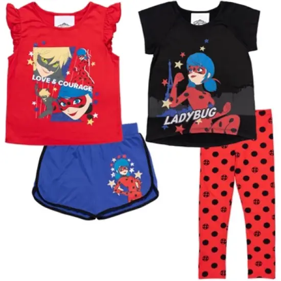 Miraculous Cat Noir Ladybug Girls Dolphin Active Shorts Leggings Tank Top and T-Shirt 4 Piece Outfit Set Little Kid to Big Kid  image {9}