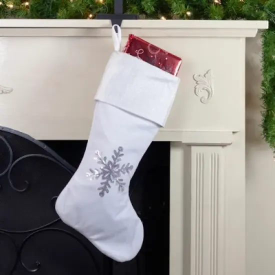 Northlight 20" White Christmas Stocking with Silver Sequin Snowflake image {1}