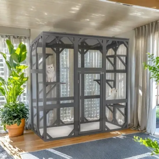 Outdoor Wooden Catio Cat Enclosure &ndash; 60" Large Feral Cat House with Platforms, Grey image {2}