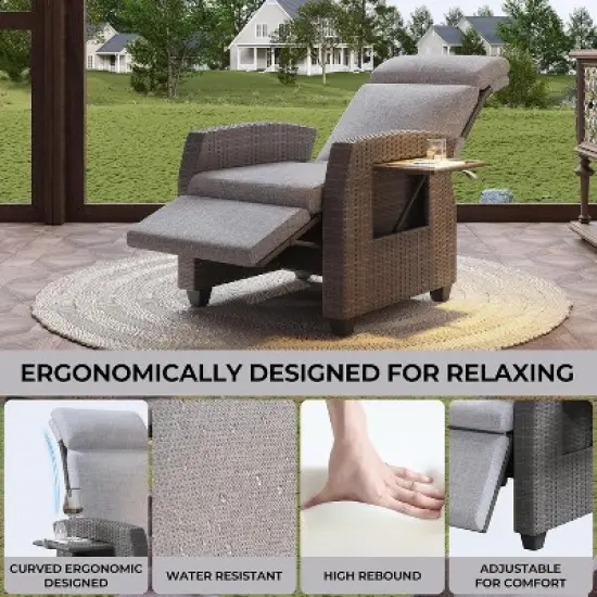 Nasitip Outdoor Recliner with Independently Adjustable Backrest and Footrest, PE Wicker Patio Reclining Lounge Chair with Flip-Up Table image {7}