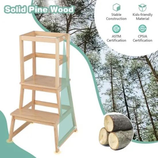 Costway Kids Kitchen Step Stool Kids Standing Tower with Safety Rails White\Nature image {8}