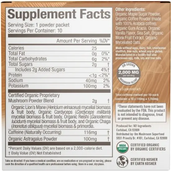 Om Mushrooms Mushroom Coffee Latte Blend, 10 Packets, 0.28 oz (8 g) Each image {1}