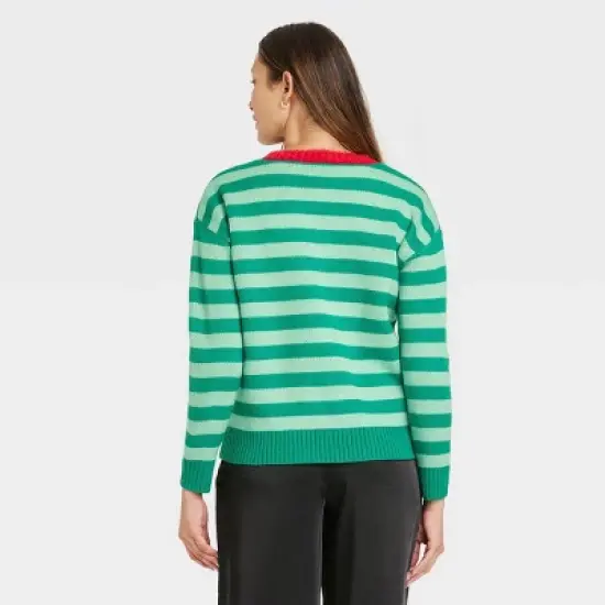 Women's Striped Snowman Graphic Sweater - Green image {1}